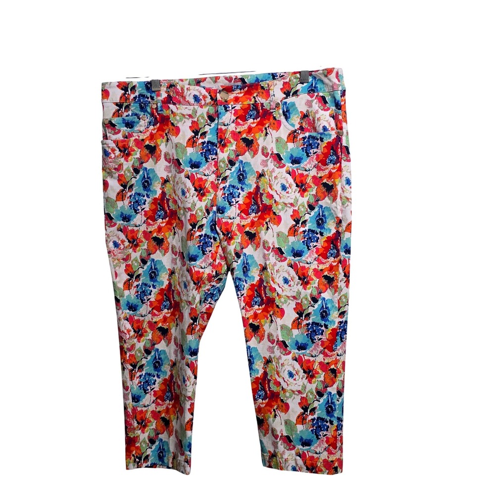 Eric Women Floral Print Cropped Pants Size 14 Multi Color Stretch Capri Trousers